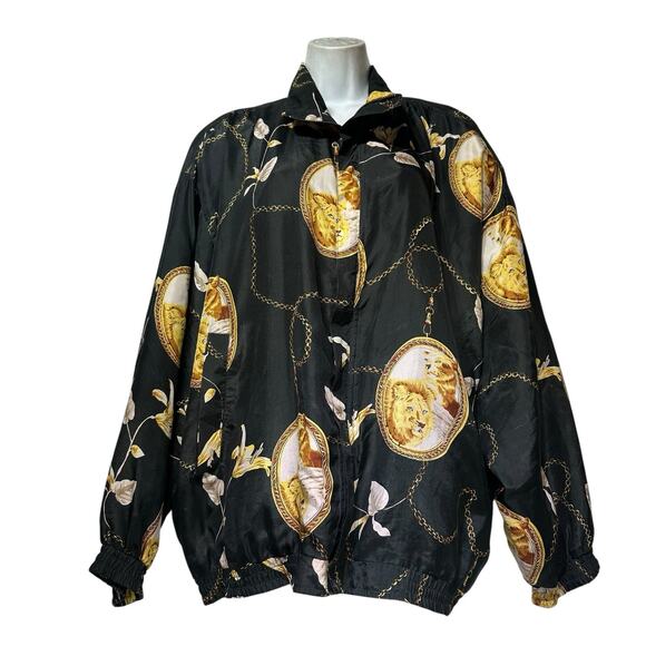 A.M. Studio Silk Bomber Jacket Black Gold Lion Print Chain Baroque Size 3X - Picture 1 of 5